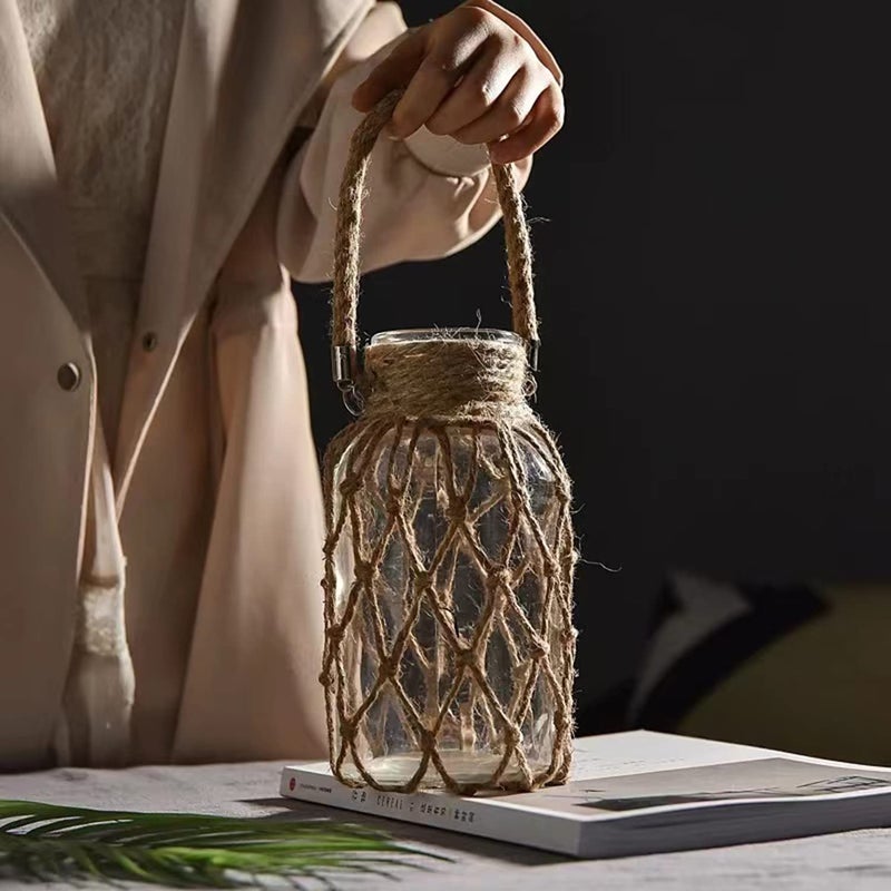 Funsoba Rustic Hanging Mason Jar Creative Rope Net Dry Flower Glass Vase with Handle (1 Vase 8") - Image 4